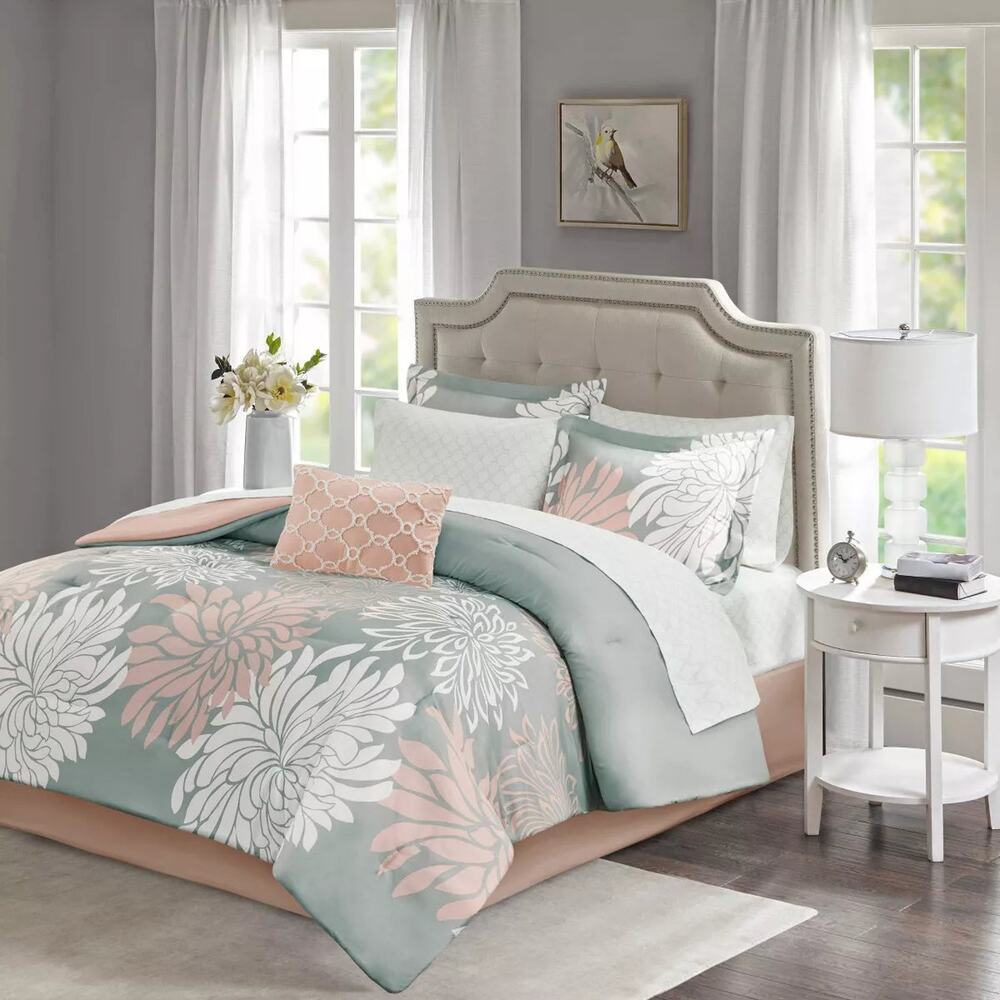 Calla Comforter & Cotton Sheet Set Pink and Blue - Queen (New)